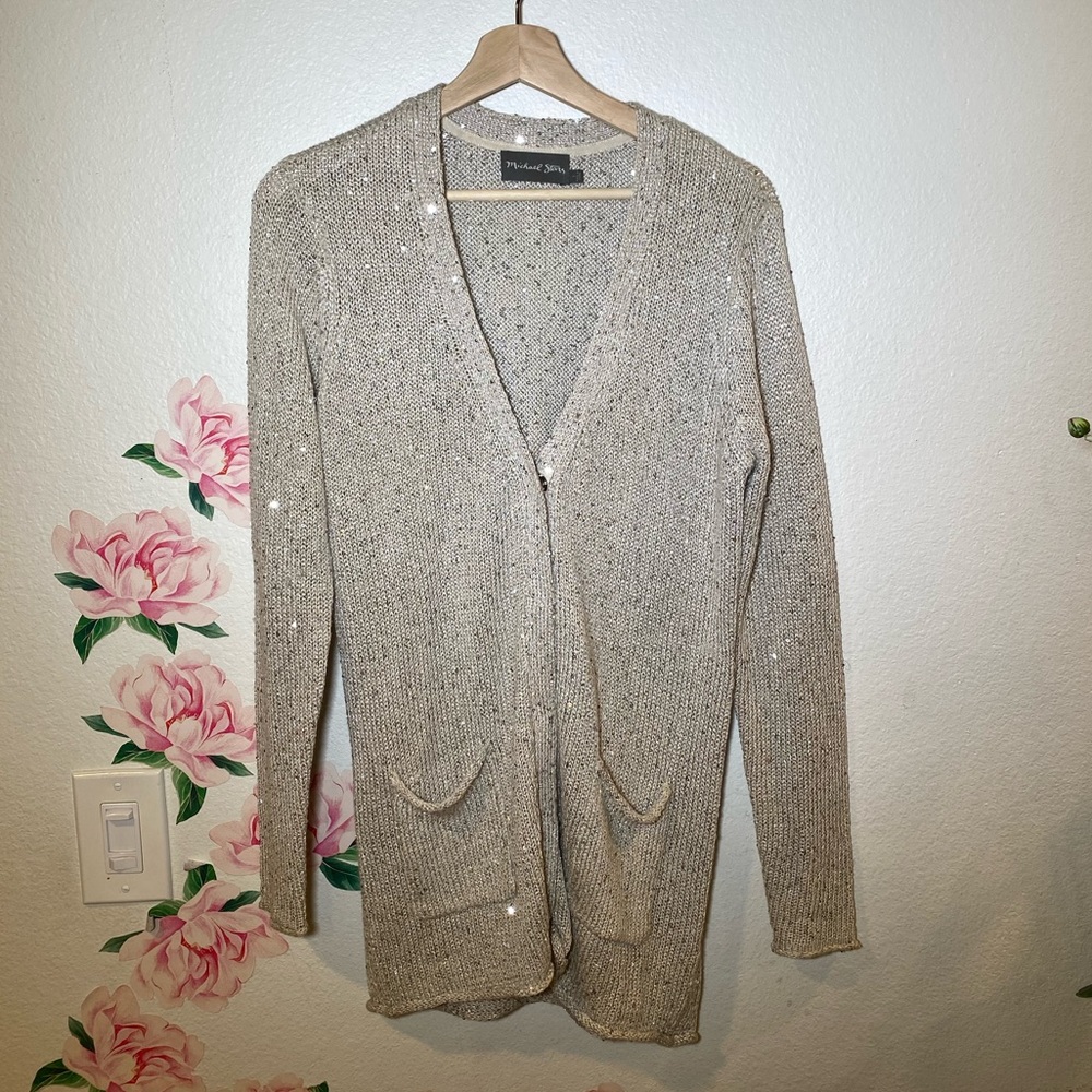 Michael Stars oversized Cable Knit sparkle Sequin Sweater cardigan Tan size XS